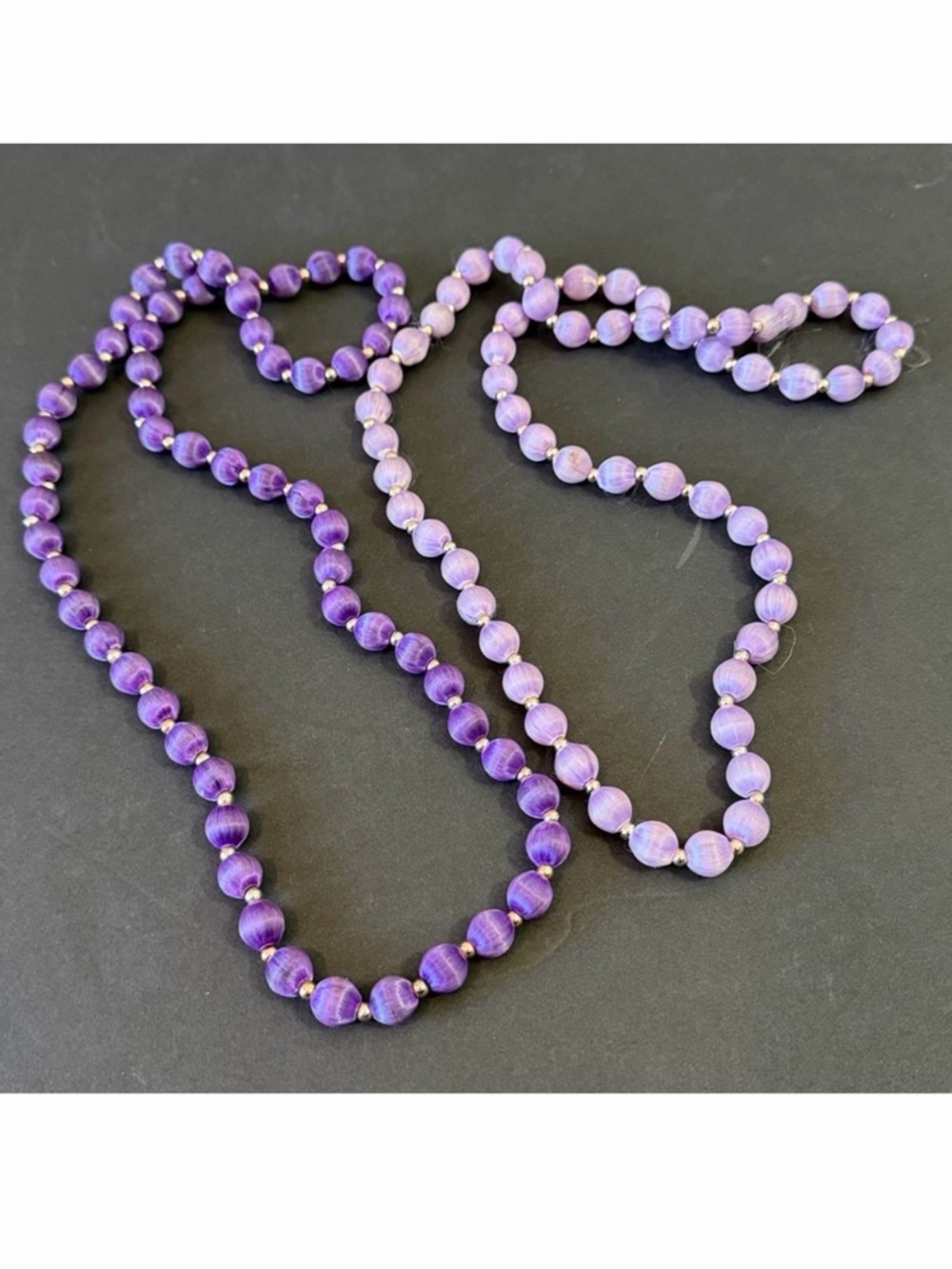 Vintage Spun Silk Satin Light Dark Purple Bead Necklace Gold Tone Spacers Lot 2x